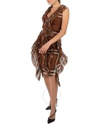Burberry - Ladies Dark Birch Brow Pleated Ruffle Detail Check Silk Georgette Dress, Brand Size 4 (Us - Lyst