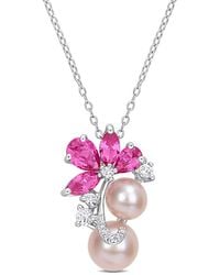 Amour - Cultured Freshwater Pearl & 3 1/8 Ct Tgw Created And Sapphire Pendant With Chain - Lyst