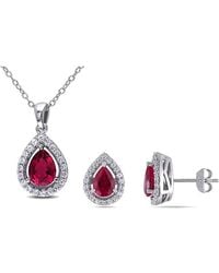 Amour - 4 7/8 Ct Tgw Created Ruby And Created Sapphire Teardrop Halo Pendant With Chain And Stud Earrings 2-Piece Set - Lyst