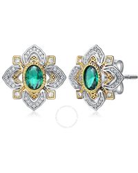 Rachel Glauber - Rhodium And 14k Gold Plated Emerald Cubic Zirconia Stud Earrings - Lyst