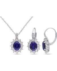 Amour - 2-Pc Set Of 12 1/10 Ct Tgw Created And Created Sapphire And Diamond Halo Pendant With Chain And Leverback Earrings 2-Piece Set - Lyst