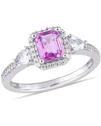 Amour - Octagon Shape Sapphire, Pear Shape Sapphire And 1/6 Ct Tw Diamond Halo 3-Stone Ring - Lyst