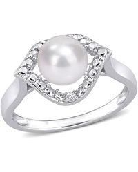 Amour - 7-7.5Mm Freshwater Cultured Pearl And Created Sapphire Halo Ring - Lyst