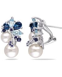 Amour - 3 Ct Tgw London And Sky Topaz, Sapphire And Cultured Freshwater Pearl Cluster Earrings - Lyst