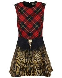 Roberto Cavalli - Tartan And Ocelot-Print Mini Dress, Brand Size 42 Us - Lyst