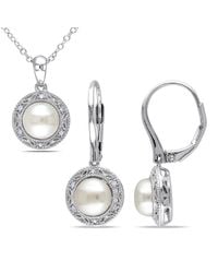Amour - 2 Piece Set Of 7.5-8 Mm Cultured Freshwater Pearl And 1/10 Ct Tw Diamond Halo Leverback Earrings And Pendant With Chain - Lyst