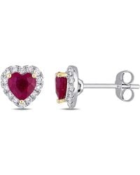 Amour - Heart Shape Ruby And 1/3 Ct Tw Diamond Halo Stud Earrings - Lyst