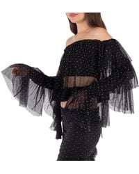 ROTATE BIRGER CHRISTENSEN - Rhinestone-Embellished Ruffled Mesh Cropped Top - Lyst
