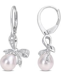 Amour - 7.5-8Mm Freshwater Cultured Pearl And Diamond Accent Bow Leverback Earrings - Lyst