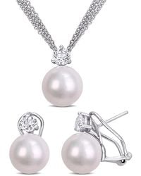 Amour - 11-12Mm Cultured Freshwater Pearl And 1 3/4 Ct Tgw Topaz Omega Clip Earrings And Pendant With Triple Strand Chain - Lyst