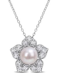 Amour - 8-9Mm Freshwater Cultured Pearl And 1 1/3Ct Tgw Created Sapphire Flower Pendant With Chain - Lyst