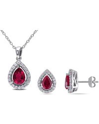 Amour - 4 7/8 Ct Tgw Created Ruby And Created Sapphire Teardrop Halo Pendant With Chain And Stud Earrings 2-Piece Set - Lyst