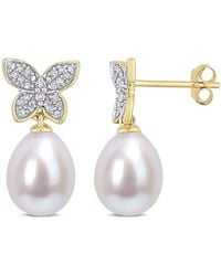 Amour - 8.5-9Mm Freshwater Cultured Pearl And 1/8 Ct Tdw Diamond Butterfly Drop Earrings - Lyst