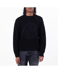 Versace - Cable Knit Medusa Embroidered Sweater - Lyst