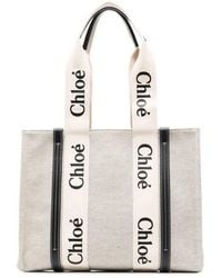 Chloé - Medium Woody Linen Logo Tote Bag - Lyst