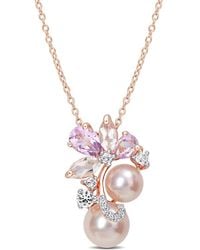 Amour - Cultured Freshwater Pearl & 2 1/3 Ct Tgw Rose De France And Topaz Pendant With Chain - Lyst