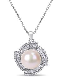 Amour - 12-12.5 Mm Cultured Freshwater Pearl And 1 5/8 Ct Tgw Cubic Zirconia Geometric Necklace - Lyst