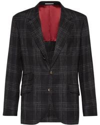 Brunello Cucinelli - Anthracite Wool Silk Linen Plaid Blazer, Brand Size 50 (Us - Lyst