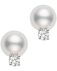 Mikimoto - Akoya Cultured Pearl Stud Earrings 8 X 8.5 Mm; With 0.10Ct Diamonds; Set - Lyst