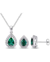 Amour - 3 1/5 Ct Tgw Created Emerald And Created Sapphire Teardrop Halo Pendant With Chain And Stud Earrings Set - Lyst