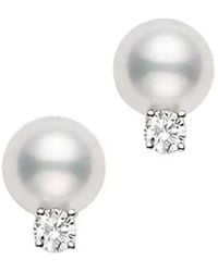 Mikimoto - Akoya Cultured Pearl Stud Earrings; 7.5 X 8mm; With 0.10ct Diamonds; Set - Lyst