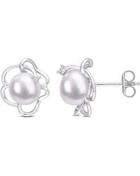 Amour - 7.5-8Mm Freshwater Cultured Pearl And Created Sapphire Floral Stud Earrings - Lyst