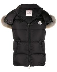 Moncler Ladies Padded Vest With Fur Hood In Black