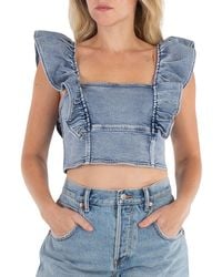 Ganni - Stretch Denim Cropped Ruffle Top, Brand Size 36 (Us - Lyst