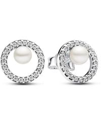 PANDORA - Treated Freshwater Cultured Pearl & Pave Halo Stud Earrings - Lyst