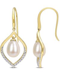 Amour - 8-8.5Mm Freshwater Cultured Pearl And 1/3 Ct Tgw Topaz Open Hook Earrings - Lyst