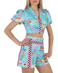 Moschino - All-over Diner Menu Print Cropped Silk Blouse - Lyst