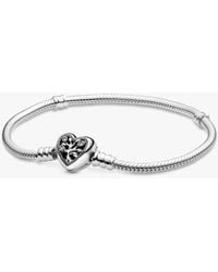 PANDORA - Snake Chain Sterling Bracelet And Heart Clasp - Lyst