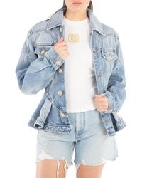 Balmain - Logo-Buttons Pleated Denim Blazer - Lyst