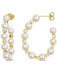Amour - 4.5-5Mm Freshwater Cultured Pearl And 1/2 Ct Tgw Topaz Beaded Hoop Earrings - Lyst