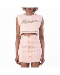 Balmain - Embellished Logo Tweed Crop Top, Brand Size 36 Us - Lyst