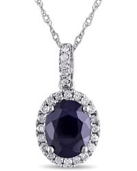Amour - Oval Diffused Sapphire And 1/4 Ct Tw Diamond Halo Pendant With Chain - Lyst