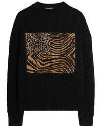 Roberto Cavalli - Animalier Patchwork Cable-Knit Sweater - Lyst