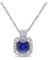 Amour - 1/10 Ct Tw Halo Diamond And Cushion Cut Diffused Sapphire Pendant With Chain - Lyst