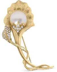 Haus of Brilliance - 18K 2/5 Cttw Diamond And 12Mm Cultured South Sea Pearl Flower Pin Brooch - Lyst