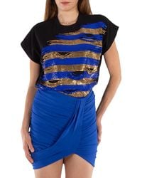 Balmain - Ladies Striped Embroidered Cropped T-Shirt - Lyst