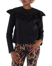 Ganni - Cotton Poplin Frill Blouse - Lyst