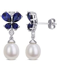 Amour - 8-8.5 Mm Cultured Freshwater Pearl, Created Sapphire And Created Sapphire Butterfly Drop Earrings - Lyst