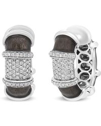 Haus of Brilliance - 18k White Gold Flash Plated .925 Sterling Silver Clear Graphite Grey Enamel 5/8 Cttw Round Diamonds huggie Hoop Earrings - Lyst
