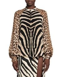 Roberto Cavalli - Leopard And Zebra Print Puff Sleeve Silk Top, Brand Size 42 Us - Lyst