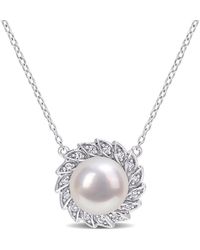 Amour - 9.5-10Mm Freshwater Cultured Pearl And 1/6 Ct Tgw Created Sapphire Halo Pearl Pendant With Chain - Lyst