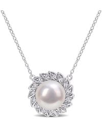 Amour - 9.5-10Mm Freshwater Cultured Pearl And 1/6 Ct Tgw Created Sapphire Halo Pearl Pendant With Chain - Lyst