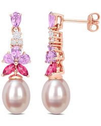 Amour - 8.5-9Mm Freshwater Cultured Pearl 2 3/8 Ct Tgw Rose De France And And Topaz Floral Drop Earrings - Lyst