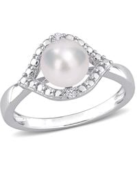 Amour - 7-7.5Mm Freshwater Cultured Pearl And Created Sapphire Halo Ring - Lyst