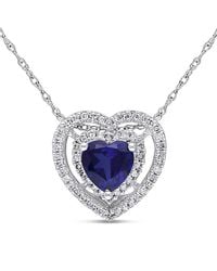 Amour - Double Halo Heart Shaped Created Sapphire And 1/5 Ct Tw Diamond Pendant With Chain - Lyst
