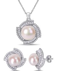 Amour - 9.5-12.5 Mm Cultured Freshwater Pearl 3 3/4 Cubic Zirconia Geometric Halo Necklace And Stud Earring Set - Lyst